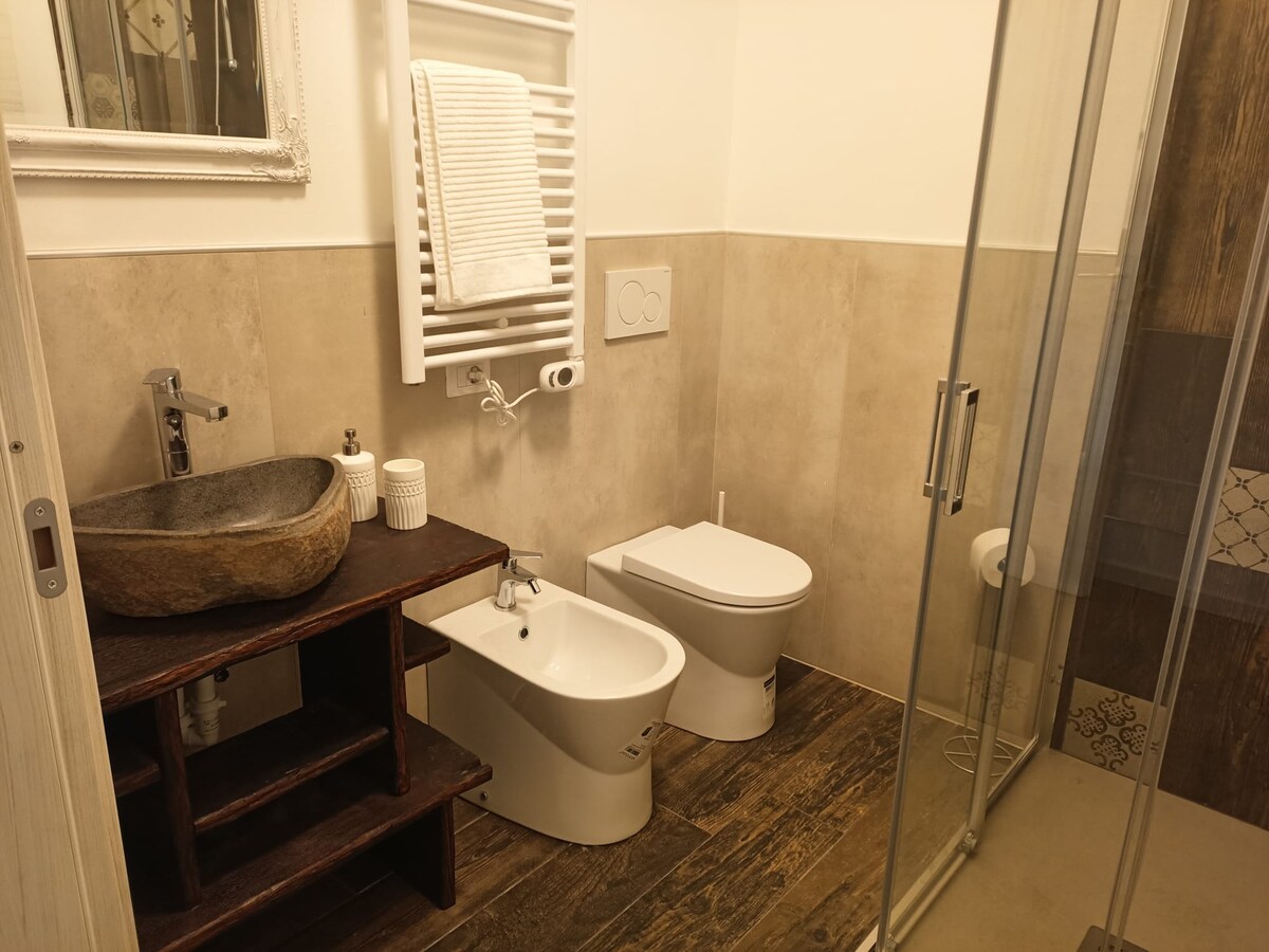 A modern bathroom features a natural stone sink on a wooden stand, with a mirror above. A white bidet and toilet are placed for convenience. The glass shower enclosure reveals stylish tile work, and heated towel racks provide added comfort. Neutral tones and wood-effect flooring create a warm environment.