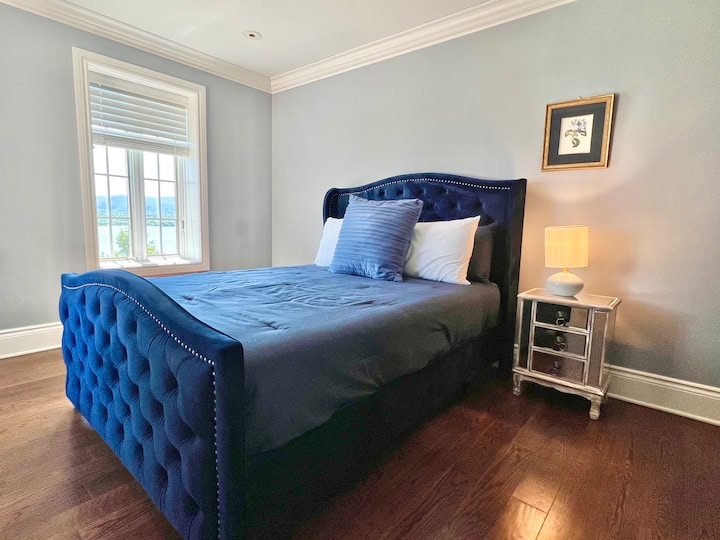 Bedroom #5  Queen Size Bed, Blue Tufted Bed w/ View onto the Hudson River