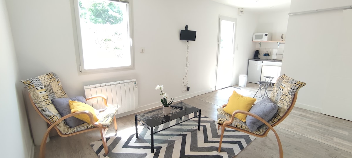 A bright living area is shown, featuring two stylish rattan chairs adorned with yellow cushions. A small coffee table is placed on a patterned rug, and natural light filters through a nearby window. A television is mounted on the wall, and a kitchenette is visible in the background.