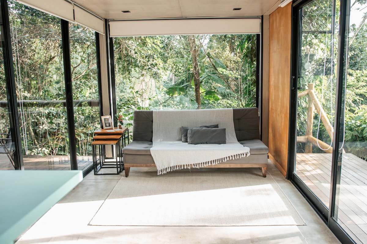 Living room with Forest View at Casa Natu Ilhabela Bonete Studio with Jacuzzi in Ilhabela