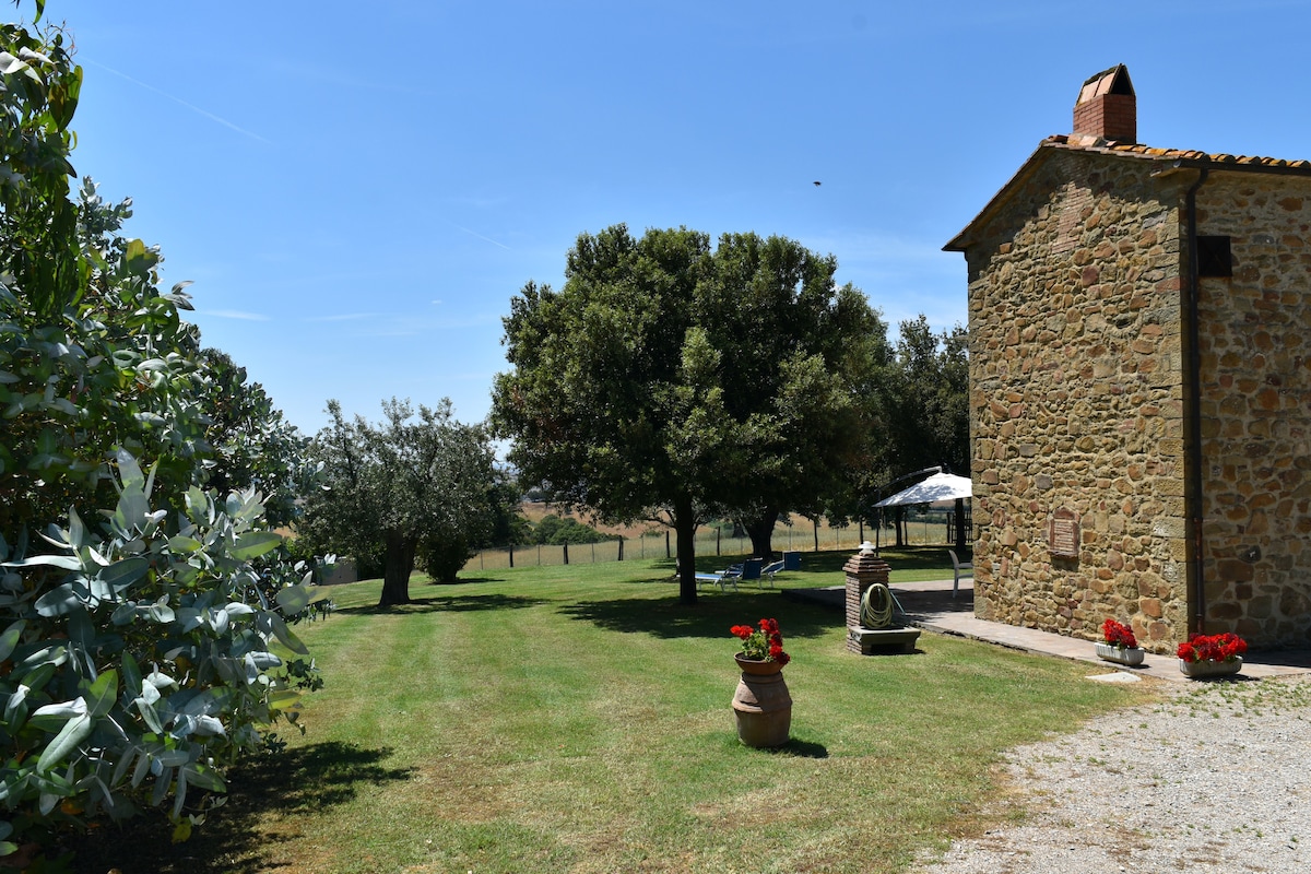 A traditional stone farmhouse is set against a clear blue sky, surrounded by lush greenery. A well-maintained lawn features potted flowers and trees, enhancing the serene outdoor space. A shaded area with a canopy is visible in the background, providing a relaxing spot to enjoy nature.