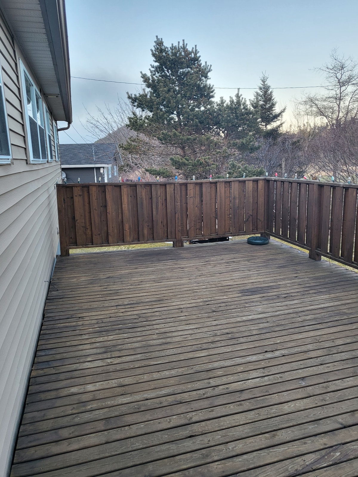 A wooden deck area is surrounded by a low fence, featuring a spacious layout that allows for various outdoor activities. A single bowl sits on the surface, and trees are visible in the background, providing a natural setting.