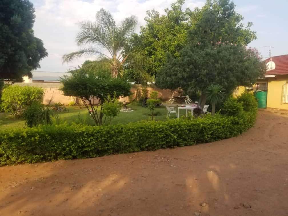 A well-maintained garden is set within a circular path, featuring a variety of trees and shrubs. A small white table with chairs is positioned under shade, surrounded by greenery. The area is bordered by a neatly trimmed hedge, creating a tranquil outdoor space.
