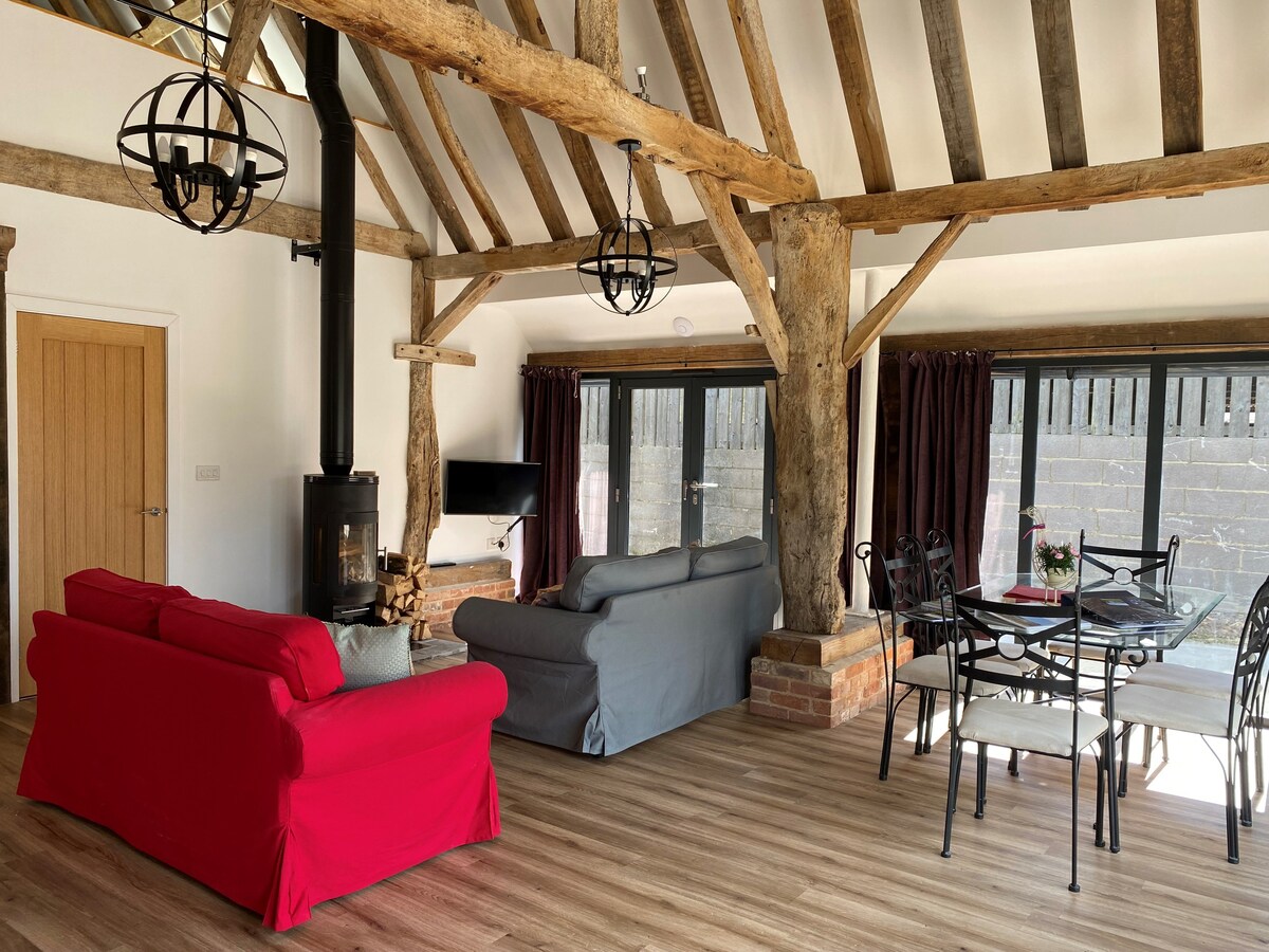 An open living space showcases a cozy seating area with red and gray sofas positioned around a central wood-burning stove. Large glass doors provide views of the outside, while wooden beams and brick elements highlight the rustic charm.
