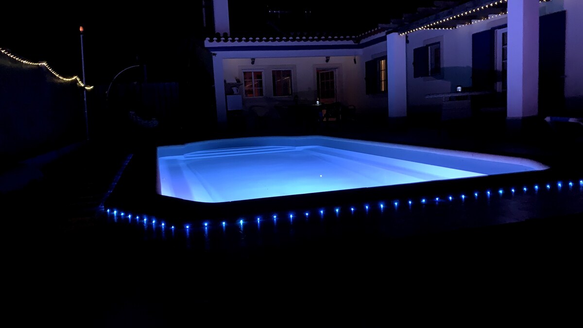 A tranquil pool is highlighted by soft blue lighting, surrounded by a well-maintained patio area. In the background, the house can be seen, with multiple windows framing a peaceful outdoor setting. Decorative lights are strung along the perimeter, enhancing the evening ambiance.