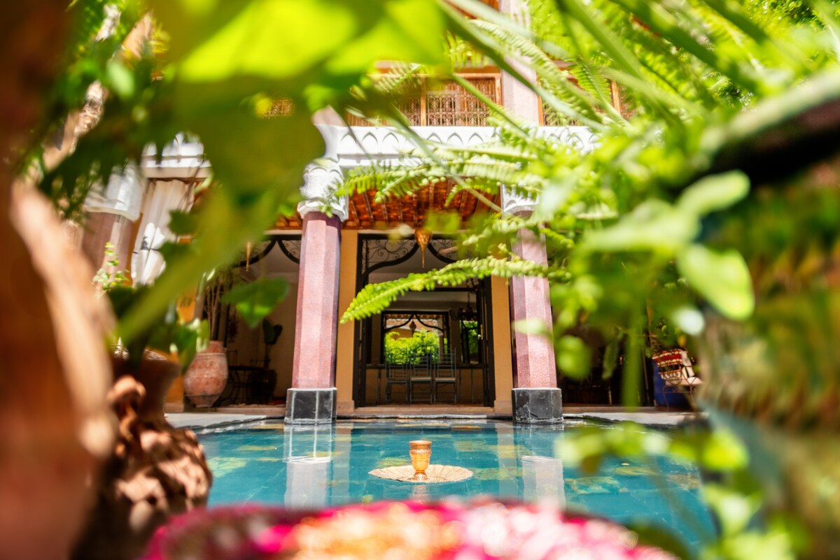 The image captures a tranquil pool surrounded by lush greenery. At its center sits a central fountain, with the entrance of the Riad visible in the background. Decorative plants and rich textures create a serene atmosphere, blending nature with architectural elements.