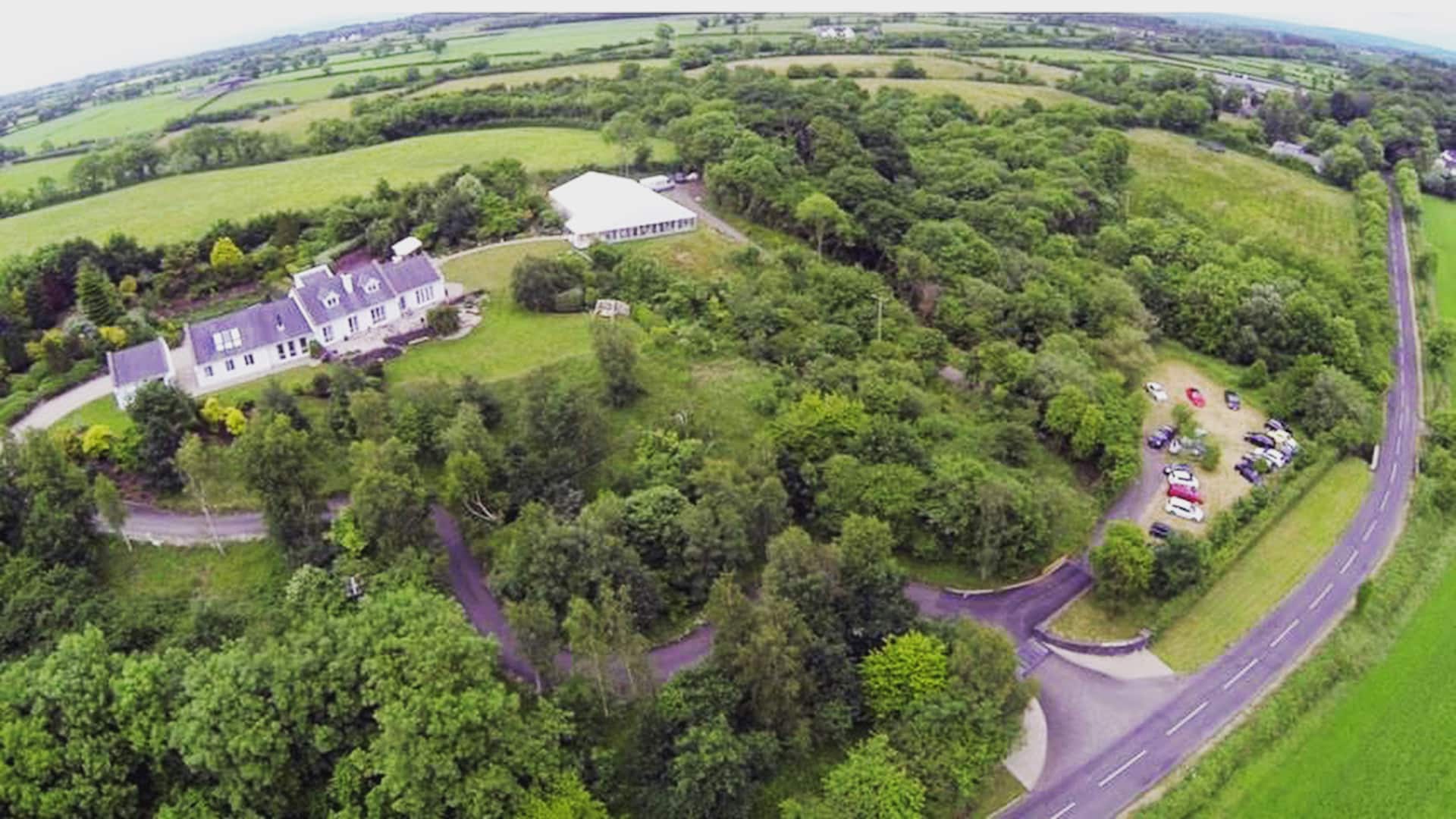 Aerial view over the fourteen acres at Dundarragh Lodge beside the River Bann