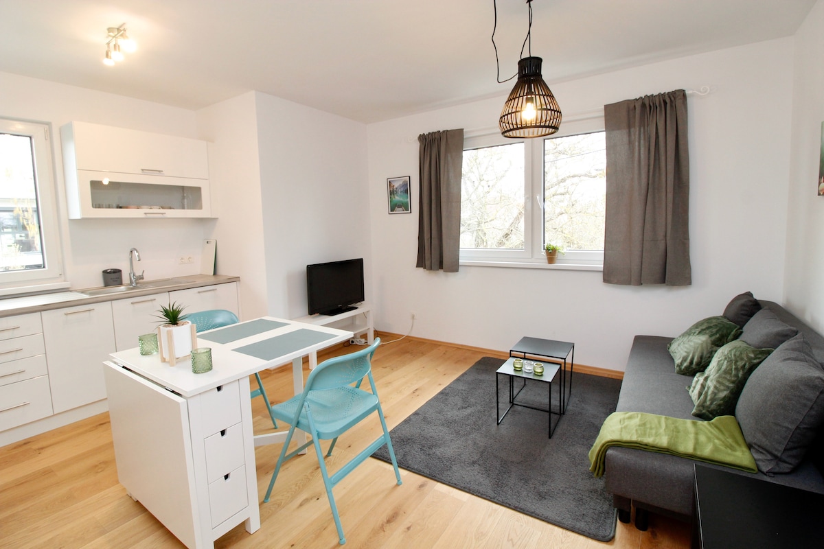 A modern living area features a light wood floor with a spacious gray sofa and a small coffee table. A white dining table with turquoise chairs is positioned beside a well-equipped kitchen. Natural light fills the room through large windows adorned with curtains.
