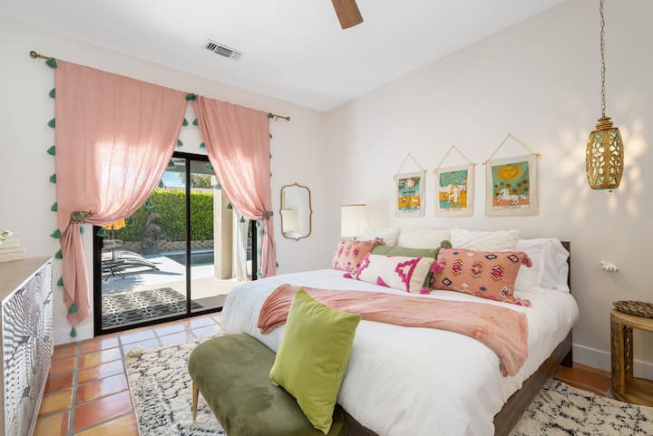 Bedroom 1. King bed. Principle bedroom with patio can be curtained off to make private cabana ensuite bathroom