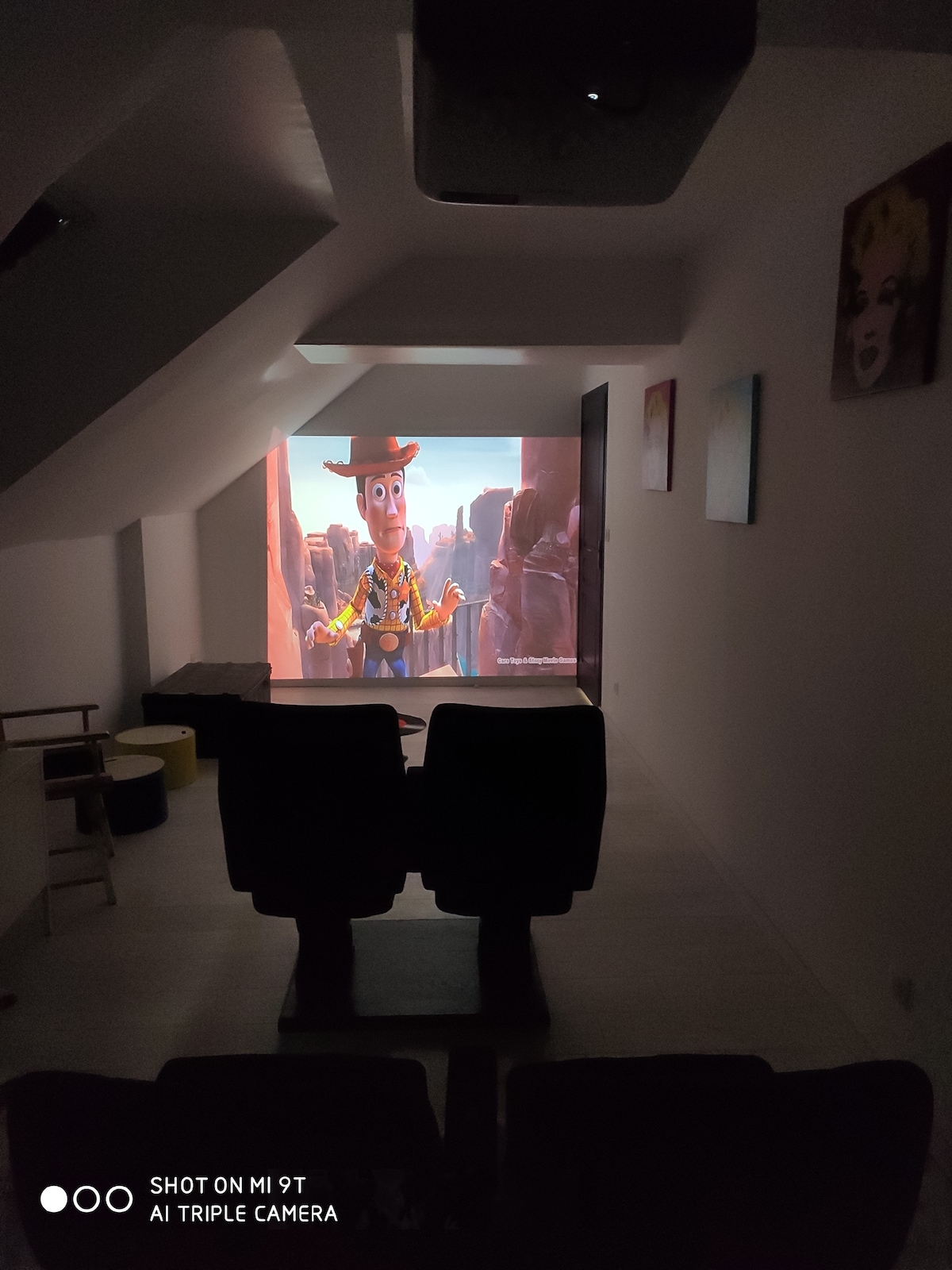 A home cinema space is depicted, featuring two comfortable seating options positioned toward a large projection screen displaying animated content. Soft lighting enhances the atmosphere, while minimalistic decor adorns the surrounding walls.