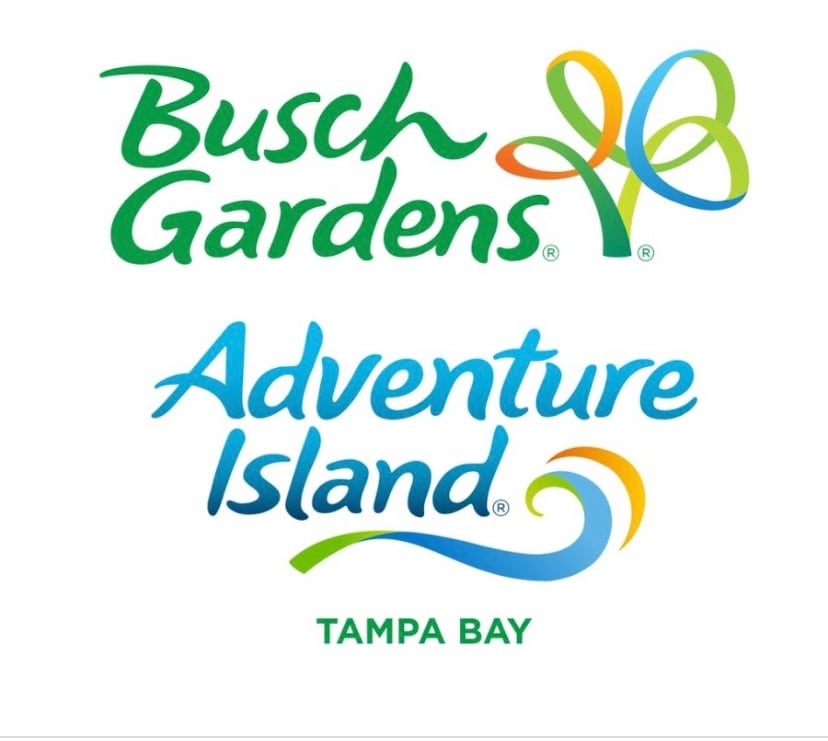 A logo displays the names of two attractions, Busch Gardens and Adventure Island, in vibrant green and blue colors. The text is accompanied by playful graphic elements, incorporating a wave design that represents Adventure Island.