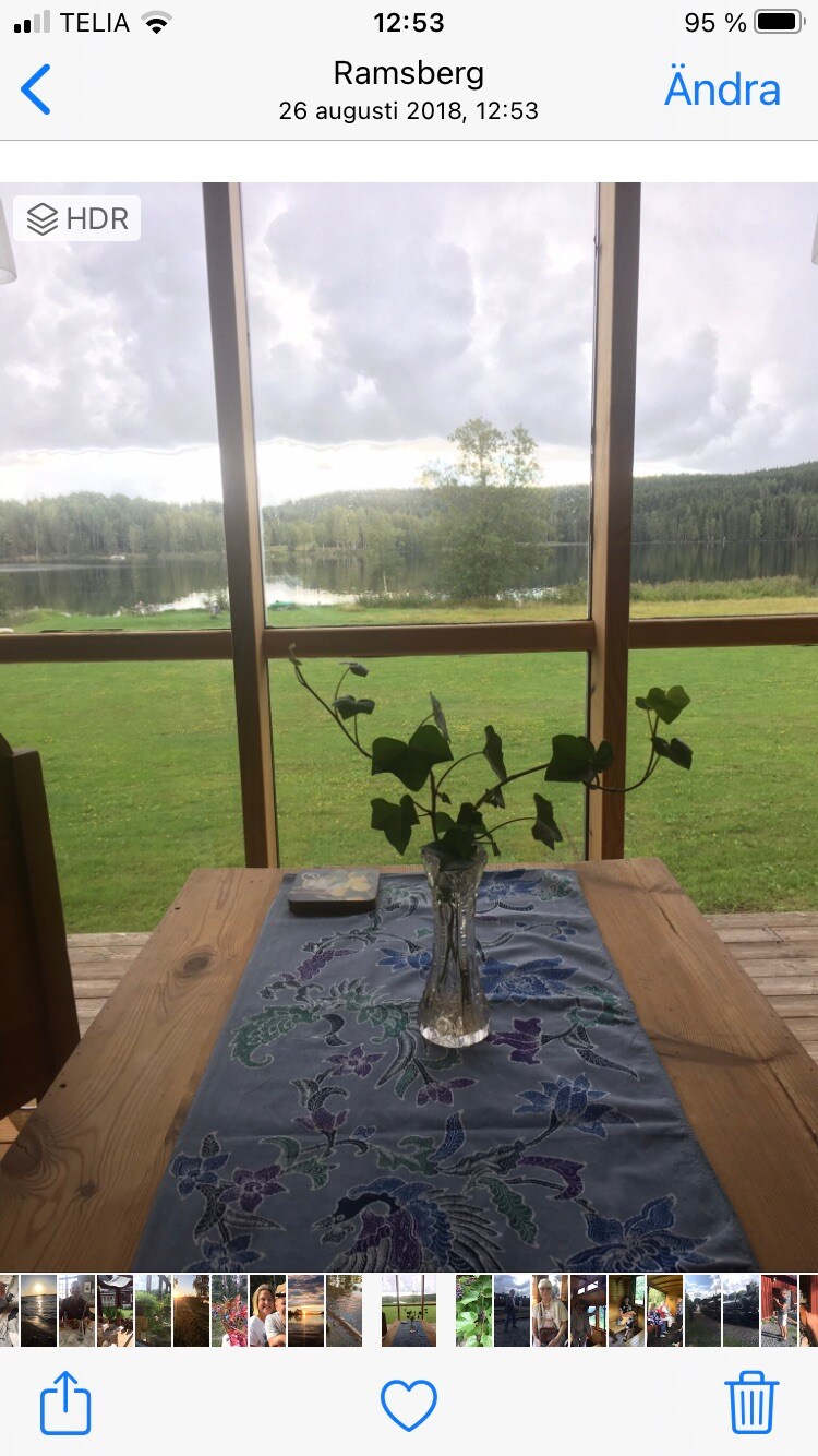 A wooden table is set beside a large window, offering expansive views of the lush green landscape and a reflective body of water. A vase with ivy rests on a textured blue table runner, complementing the serene atmosphere created by the surrounding nature.