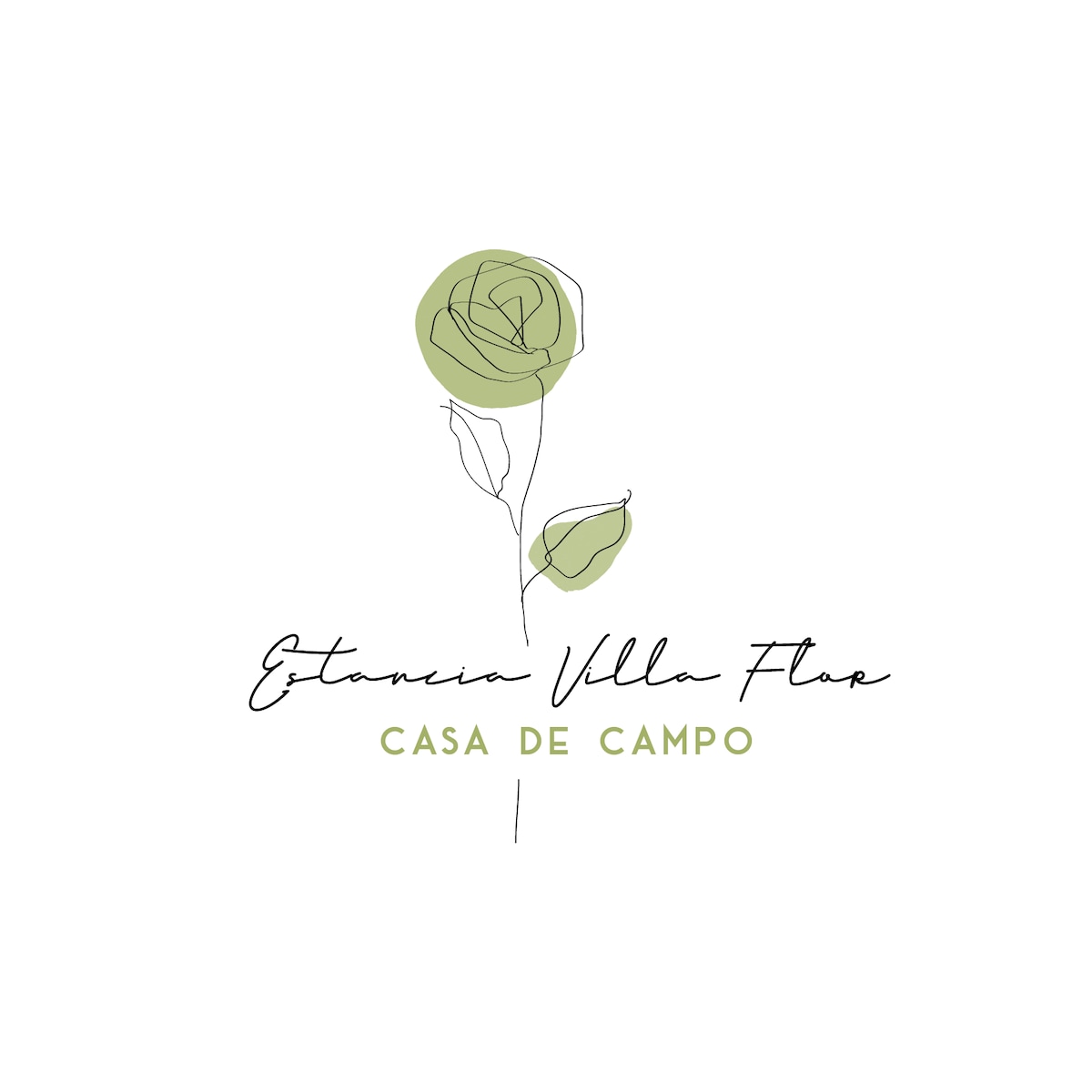 A simple yet elegant logo is displayed, featuring a stylized outline of a green rose with subtle details. The text "Estancia Villa Flor Casa de Campo" is presented in a blend of script and print, reflecting a serene and natural aesthetic.