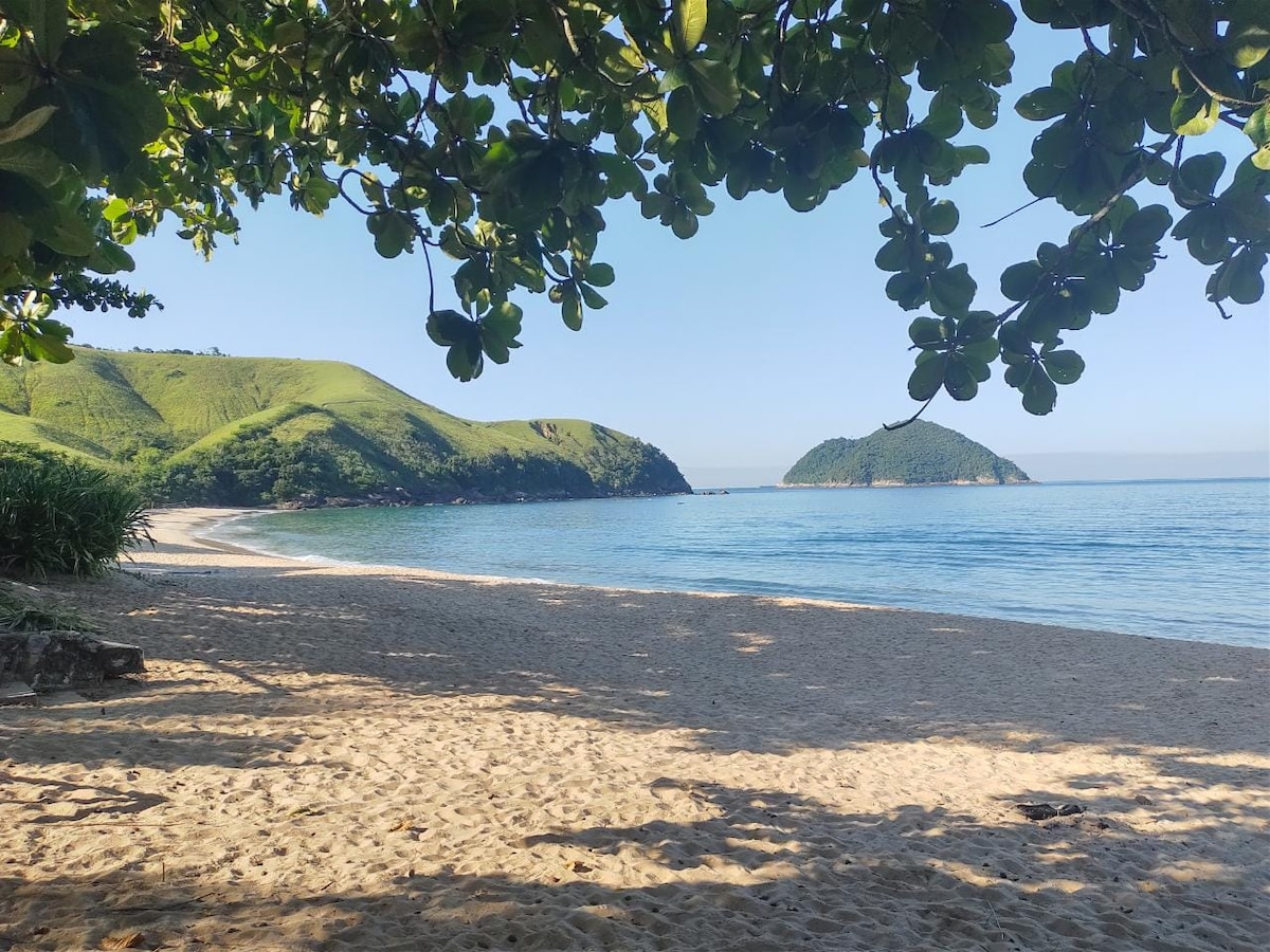 A serene beach scene is framed by lush greenery, with gentle waves lapping at the sandy shore. Rolling hills and a small island are visible in the background against a clear sky, creating a peaceful coastal setting.
