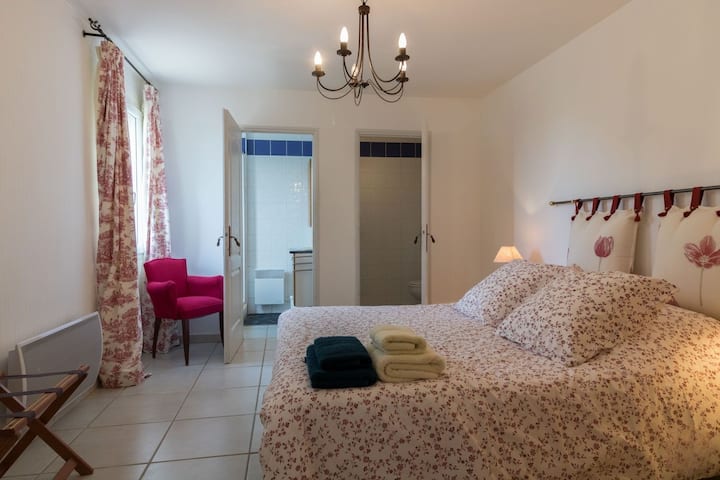 Chambre parentale au rdc avec une toilette et une salle de douche séparé. Il y également une porte sur l'extérieure.