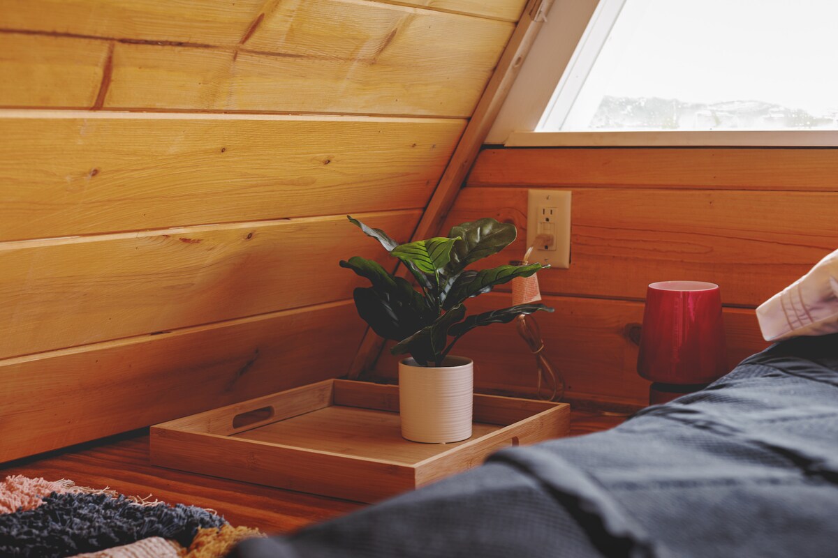 A corner of the room features warm wooden walls and a slanted ceiling. A small indoor plant sits on a wooden tray beside a decorative lamp. A cozy blanket drapes over the edge of a spacious bed, with soft, neutral tones enhancing the space.