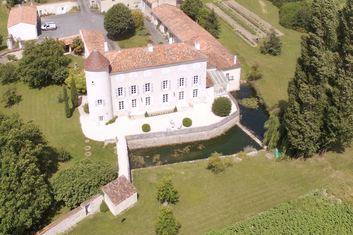 An aerial view showcases the elegant château, featuring a classic façade with large windows and a red-tiled roof. Lush greenery surrounds the property, with a serene water feature and garden pathways creating a picturesque setting. The landscape is complemented by neatly organized fields in the distance.