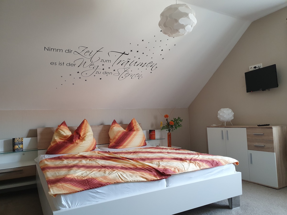 A spacious bedroom is showcased, featuring a large bed with colorful bedding and decorative pillows. A light fixture hangs above, while a wall mural adds a thoughtful touch. A nightstand with a lamp is positioned next to the bed, providing additional elements of comfort.