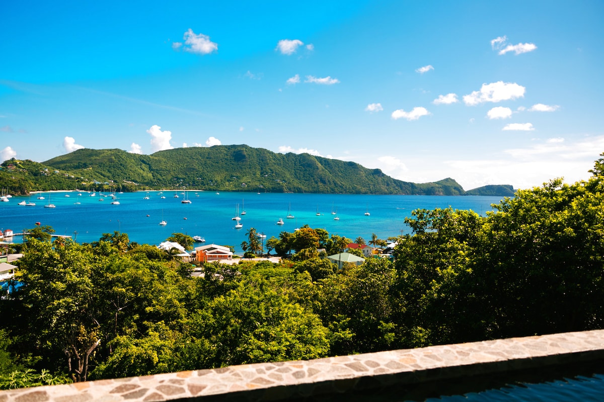 A panoramic view of Admiralty Bay is captured, showcasing clear blue waters dotted with sailing boats. Lush greenery lines the shoreline, while distant hills create a scenic backdrop under a bright sky. This serene landscape captures the essence of the villa's idyllic location.