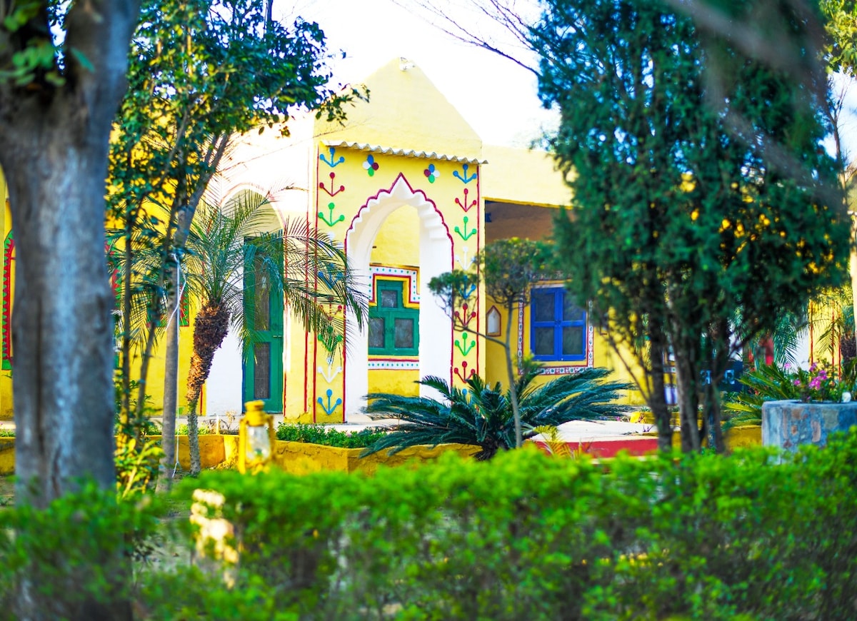 The exterior of a vibrant yellow farmhouse is framed by lush greenery and palm trees. Architectural features include arched doorways and colorful motifs, creating a striking appearance. Decorative plants are positioned around the entrance, enhancing the scenic view of the home.