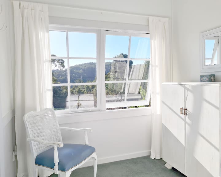 North-facing views from the Orchard Cottage bedroom.