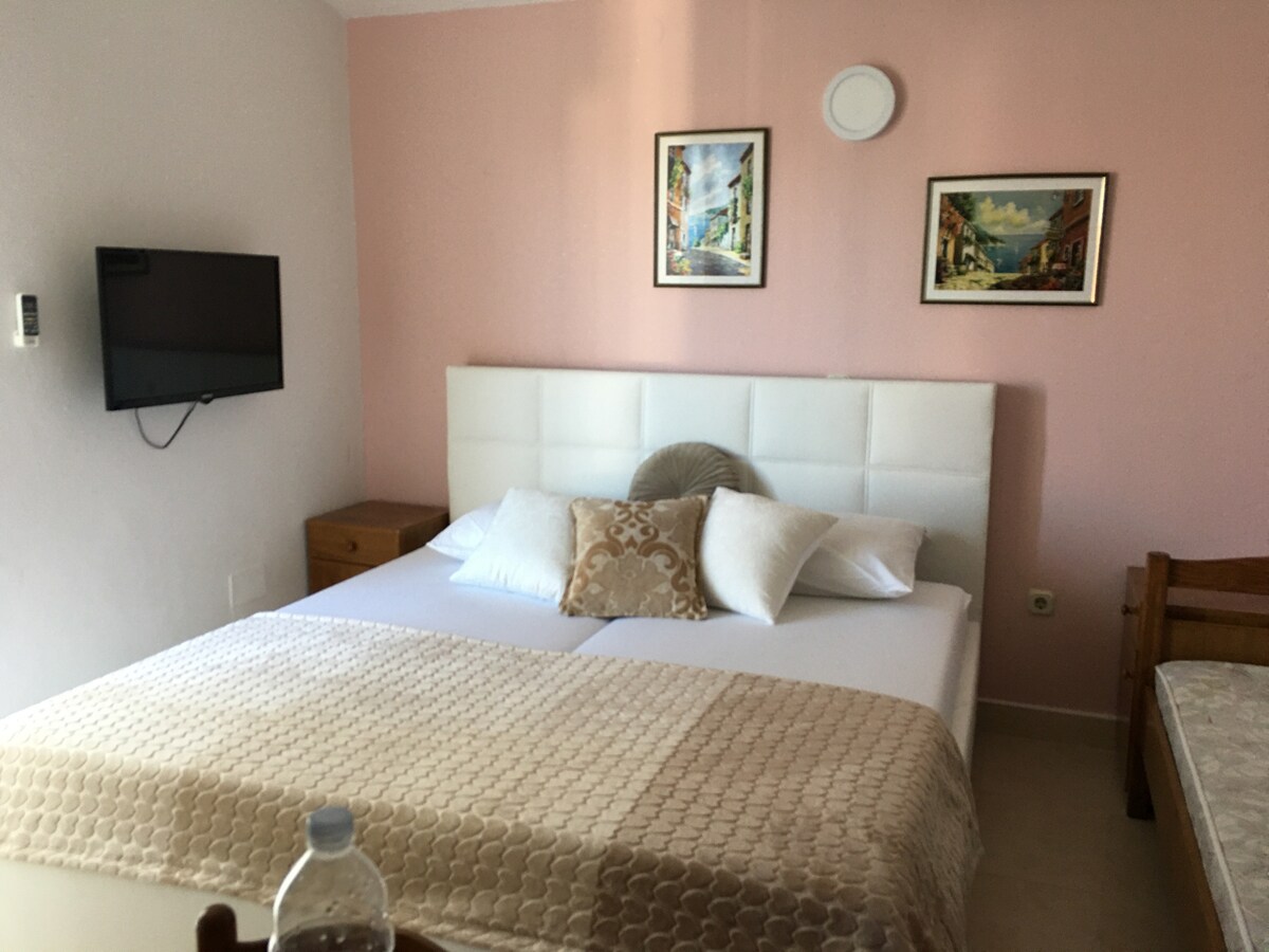 A brightly lit sleeping area features a spacious bed adorned with decorative pillows and a soft blanket. Two framed artworks hang on pink walls, while a small television is mounted nearby. A wooden side table is positioned beside the bed, enhancing the room's functionality.