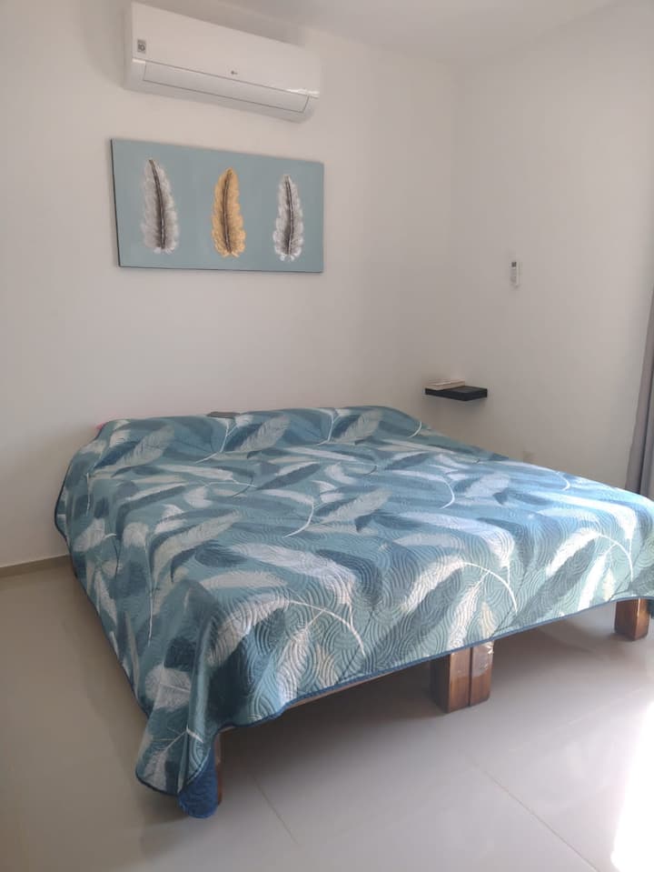 חדר שינה ראשי; מיטת קינג סייז, עם חדר רחצה ושירותים ומזגן.