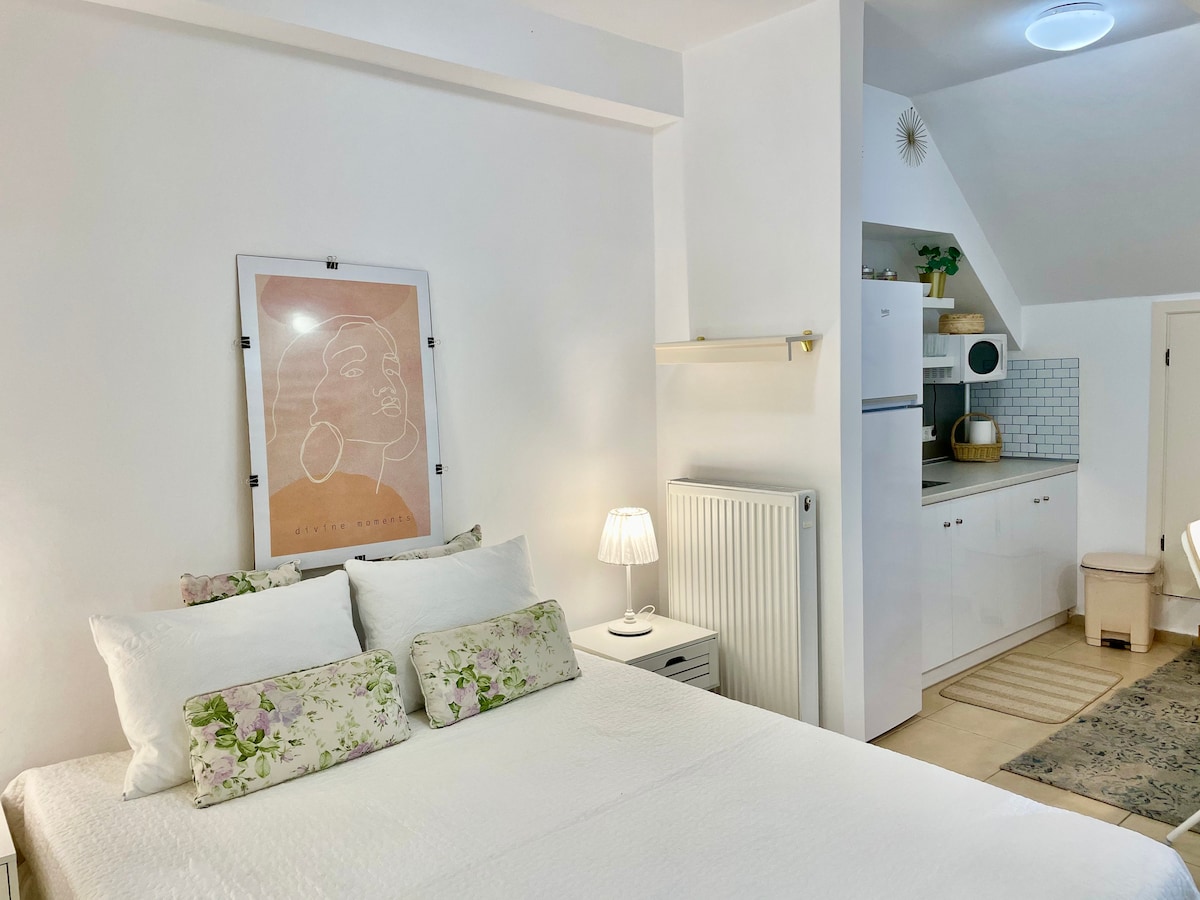 A clean and modern sleeping area features a spacious bed adorned with decorative pillows. A light fixture and wall art complement the white walls. A small kitchenette is visible in the background, showcasing minimalist cabinetry and kitchen essentials.
