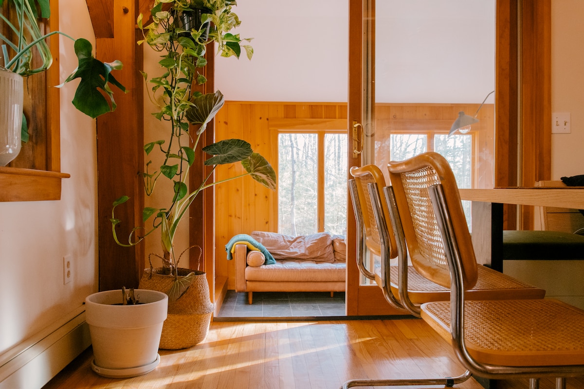 Brightly lit space features a dining area with a wooden table and two woven chairs. A large potted plant adds a touch of greenery. Beyond, a cozy living area with a couch is visible through two glass doors, inviting natural light into the room.