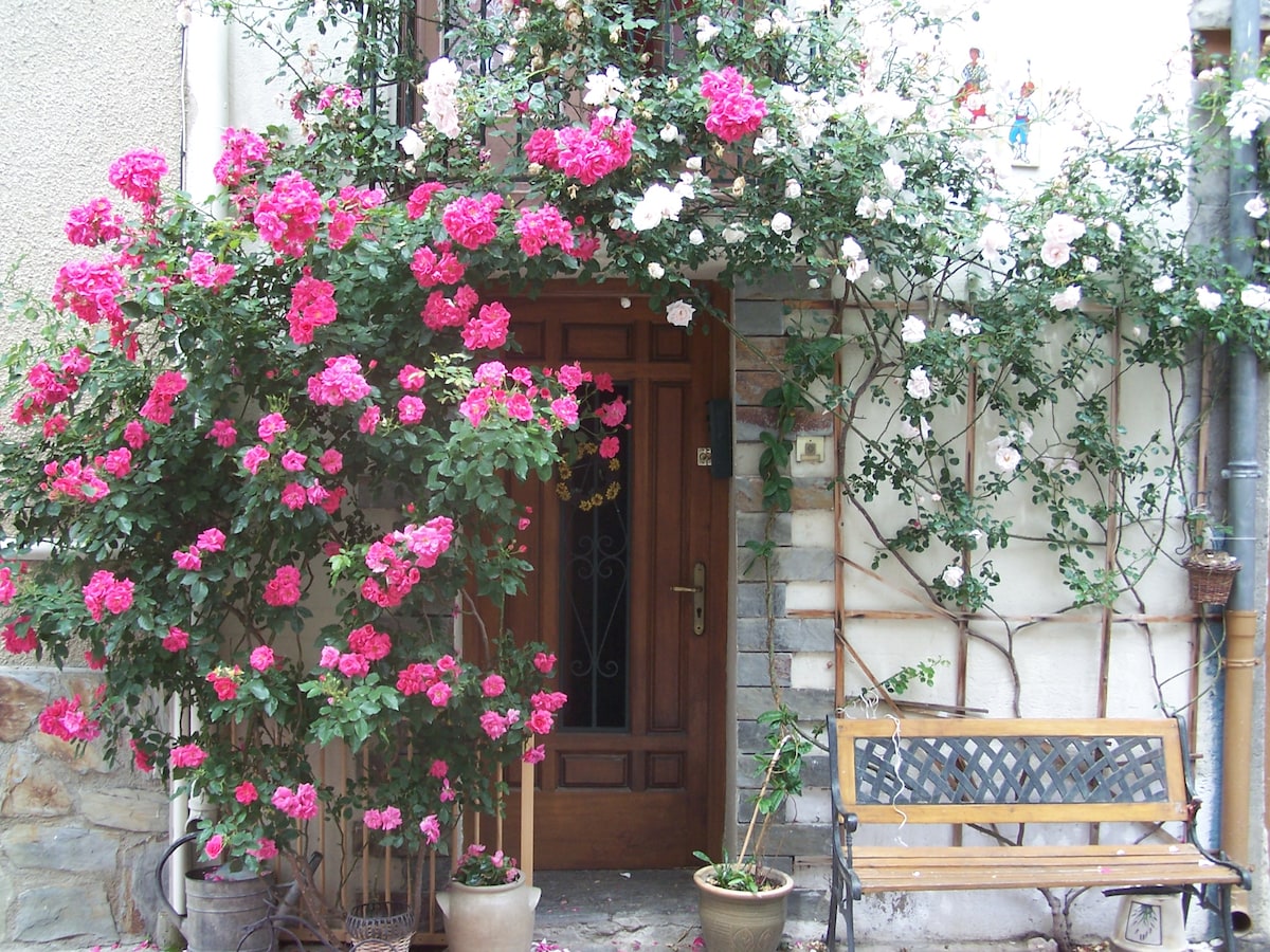 A welcoming entrance is framed by vibrant pink and white roses climbing along a trellis. A wooden door serves as the focal point, accompanied by a decorative bench positioned nearby. Potted plants add a touch of greenery, enhancing the charm of the home.