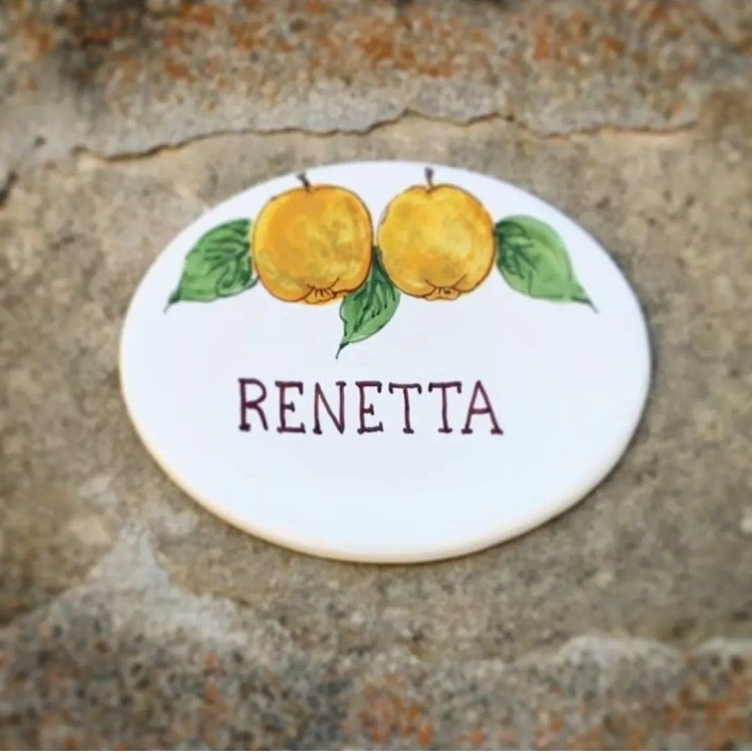 A ceramic nameplate displays the name 'Renetta' in decorative letters, accompanied by two painted yellow apples and green leaves. The plate is mounted against a textured stone wall, providing a rustic touch to the overall appearance.