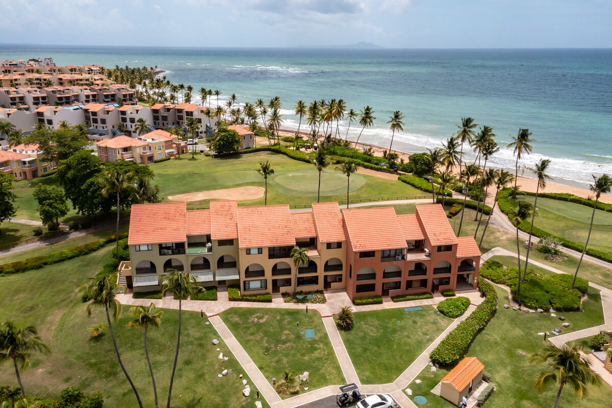 An aerial view captures the beachfront villa surrounded by a large green lawn and palm trees. The villa features terracotta roofs, with several units visible in the layout. The beach and ocean are seen in the background, highlighting the resort's proximity to water.