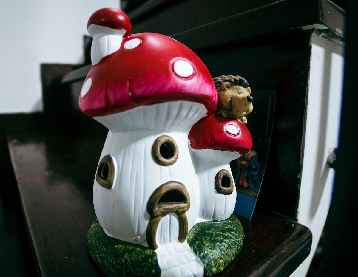 A whimsical decorative piece resembling a small mushroom house is placed on a wooden surface. The house features a red top with white spots, round windows, and a door, complemented by a small hedgehog figure on top.