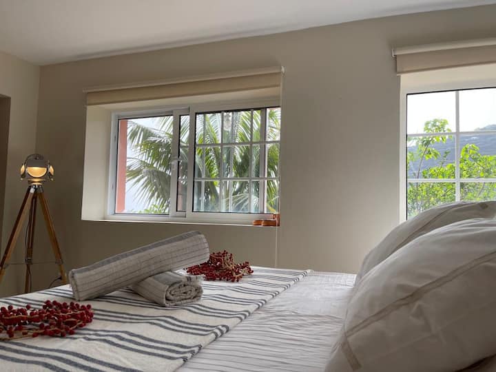 Suite (Annex): Kitanda 1 cha Kifalme, meza 2 za kitanda na taa, na kabati 1 kubwa sana iliyojengwa ndani na Bafu kamili.