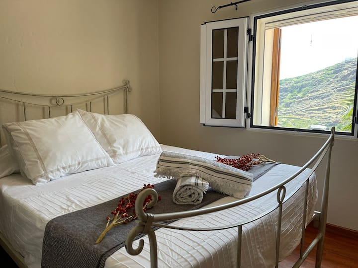 Chumba cha kulala 2: 1 Kitanda cha Malkia, meza 2 za kando ya kitanda na taa, na kabati 1 kubwa lililojengwa ndani.