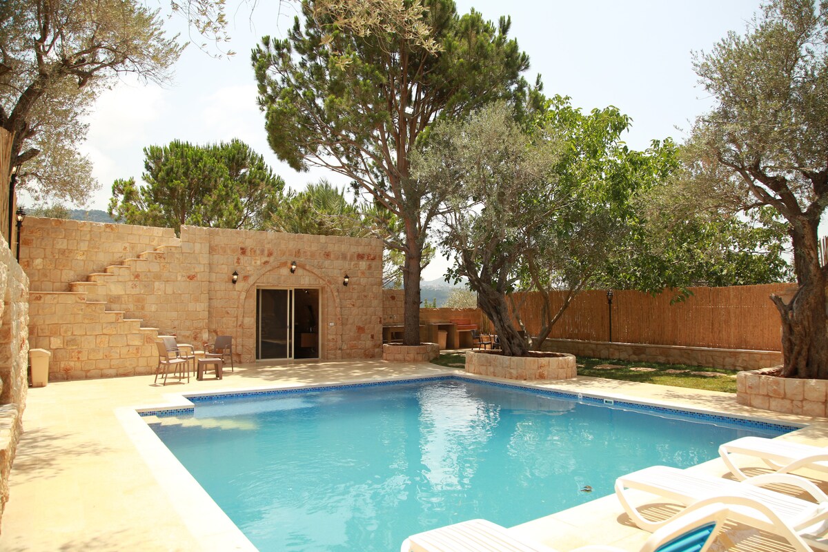 A private pool is surrounded by a stone wall, with ample lounge chairs positioned along the edge. Olive trees and other greenery provide shade and enhance the outdoor space. Steps lead to an enclosed area, offering a seamless connection to the surrounding landscape.