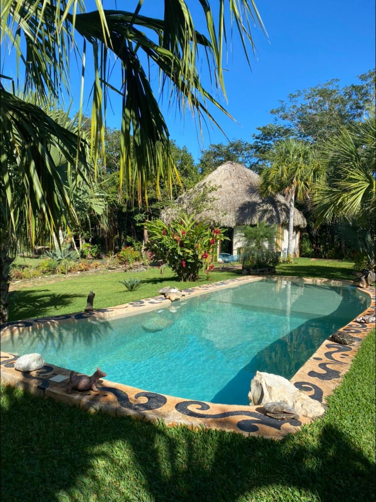 A tranquil pool is surrounded by lush greenery and tropical plants. A thatched-roof structure is visible in the background, adding to the serene ambiance. The clear water reflects the blue sky, while decorative stones line the edge of the pool.
