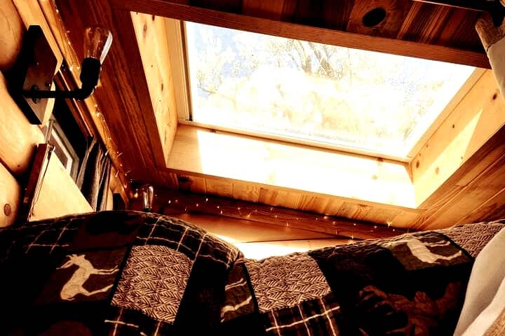 Climb up the step ladder to the sleeping loft! 3'x4' skylight to see the stars! 