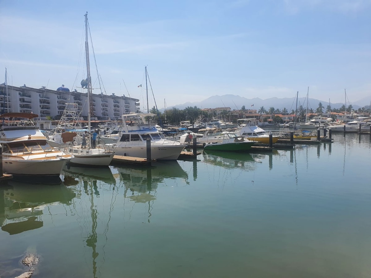 Several boats are moored in a tranquil marina, their reflections visible on the calm water surface. Buildings and palm trees provide a backdrop, with distant mountains subtly framing the horizon under a clear blue sky.
