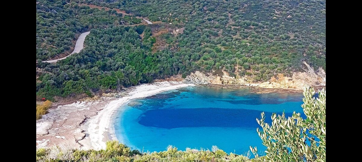 A serene coastal landscape displays a tranquil cove with crystal-clear blue water gently lapping against a sandy shoreline. Lush greenery surrounds the beach, and a winding road can be seen in the background, offering a peaceful natural setting.