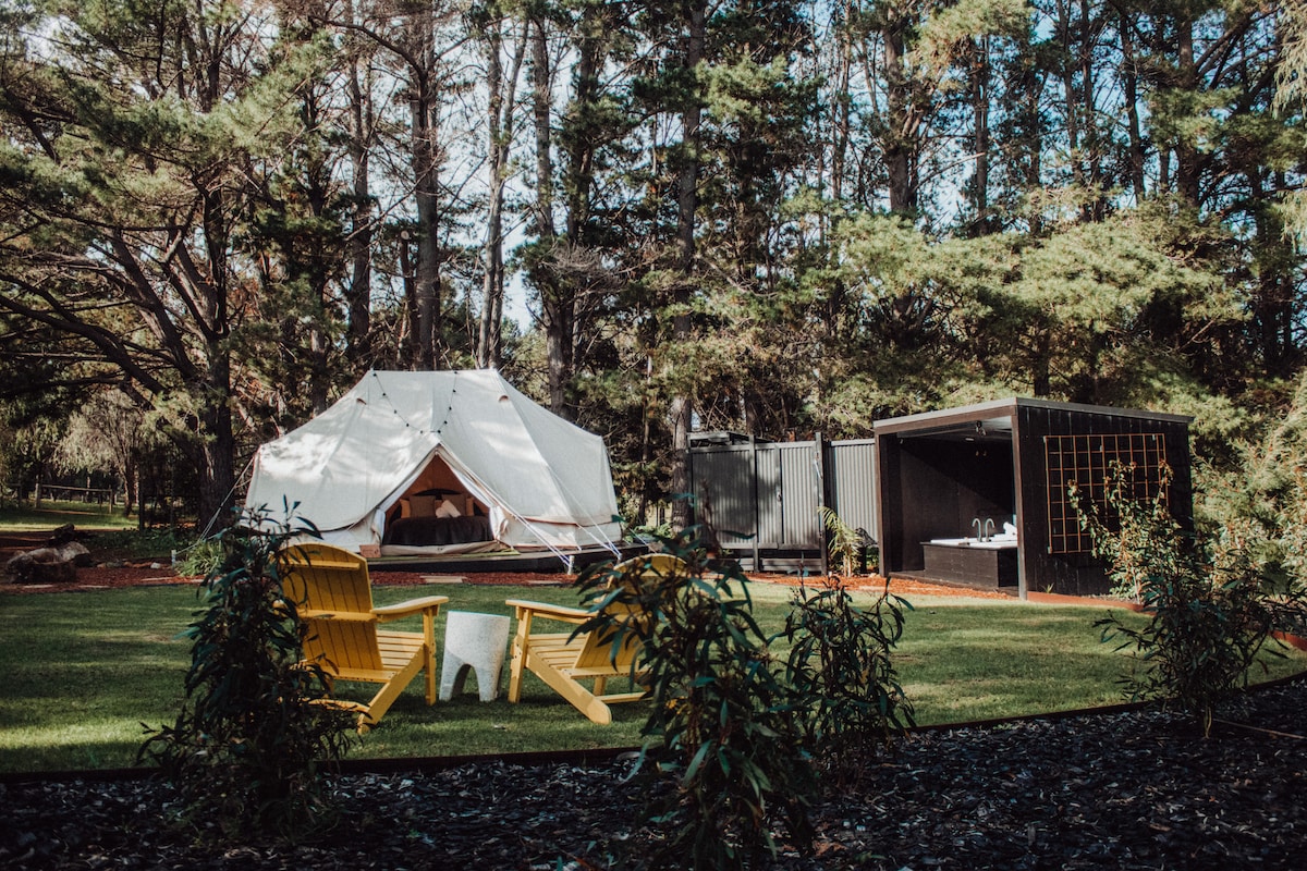 A spacious white glamping tent is nestled among tall pine trees, with a cozy seating area featuring yellow adirondack chairs and a small white table in front. Nearby, a sleek outdoor kitchen structure is visible, providing additional facilities for guests.