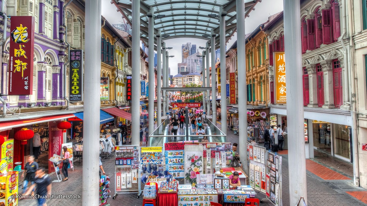 A vibrant street scene in Chinatown captures bustling activity. Colorful storefronts line the street, offering a mix of shops and eateries. Pedestrians navigate the lively marketplace under a glass canopy, while stalls display an array of goods and signs, creating a dynamic urban atmosphere.