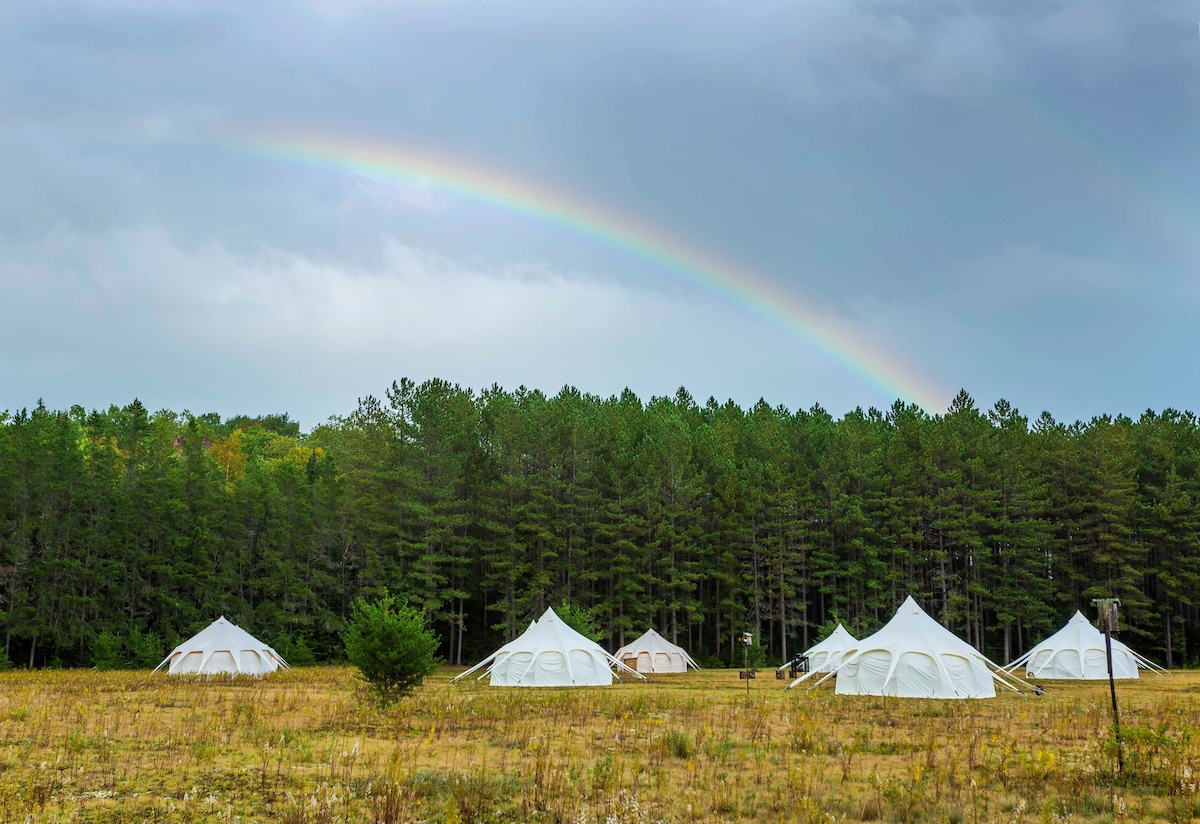Several white tents are positioned in a grassy area, surrounded by a dense forest of trees. A rainbow arches across the sky above, contrasting with the cloudy backdrop.