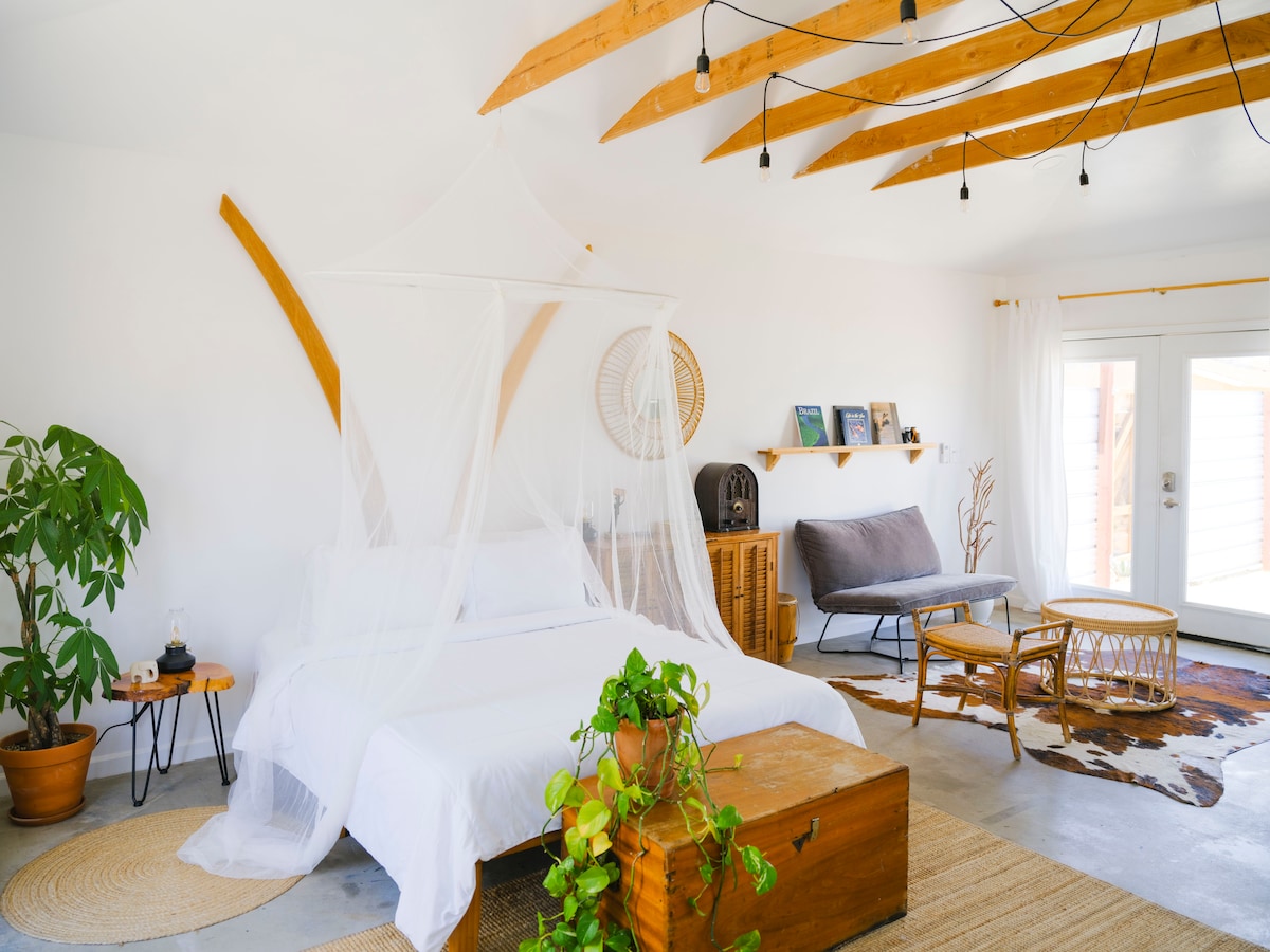 A minimalist room features a spacious bed draped with a sheer canopy, complemented by natural wood beams overhead. A seating area includes a gray sofa and a wooden table, while a potted plant adds a touch of greenery. Sliding glass doors offer access to the outdoor area.