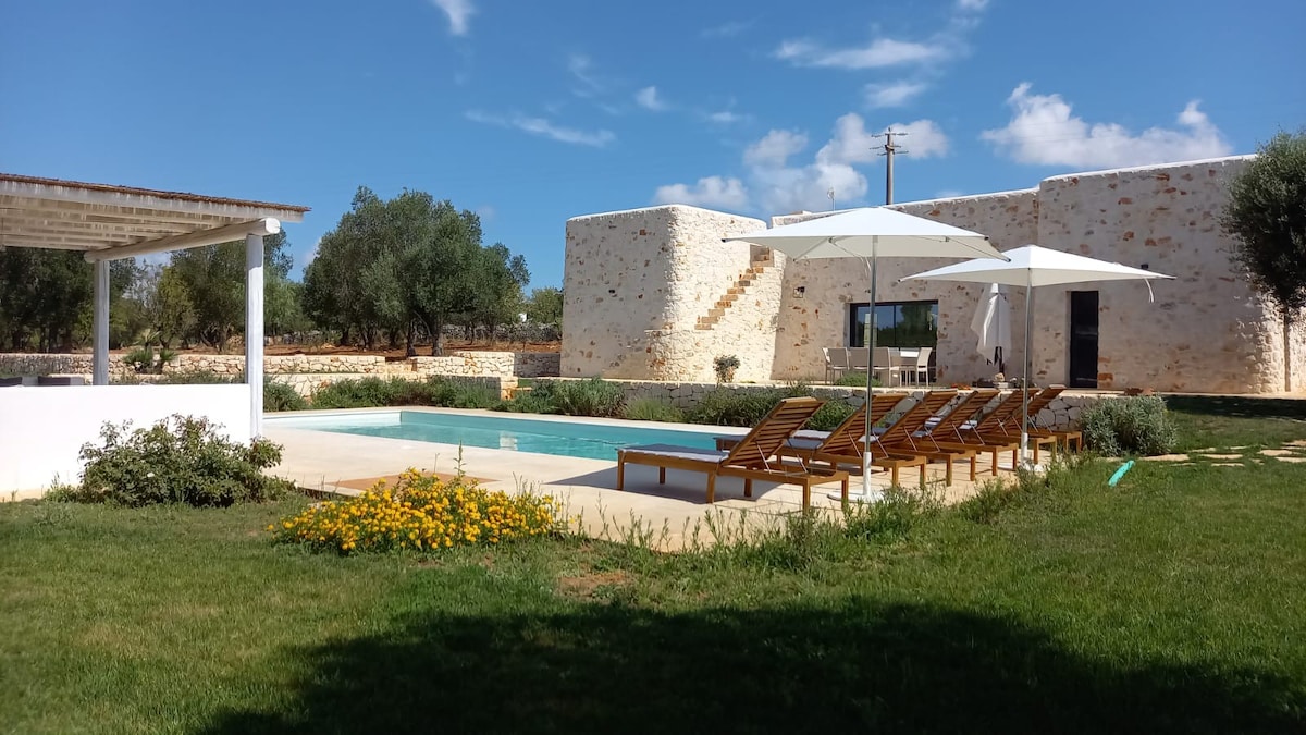 A spacious pool area is surrounded by manicured grass and blooming yellow flowers. Several lounge chairs are positioned under white umbrellas, providing shaded relaxation. The modern villa features natural stone walls and large windows, set against a clear blue sky dotted with clouds.