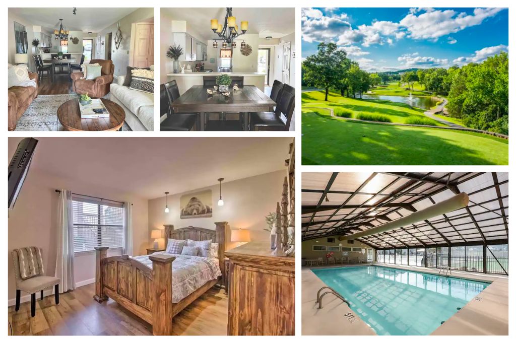 An inviting living and dining area showcases comfortable seating with neutral tones and rustic decor. The spacious kitchen features a dining table ready for meals. The bright bedroom is equipped with a wooden frame bed dressed in soft linens. An indoor pool area is seen, offering a serene escape.