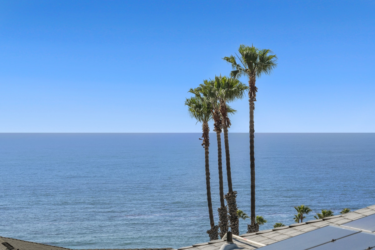 Tall palm trees frame a serene view of the ocean, with the horizon blending into a clear blue sky. The calm waters reflect the sunlight, creating a tranquil coastal scene, emphasizing the beauty of outdoor spaces.
