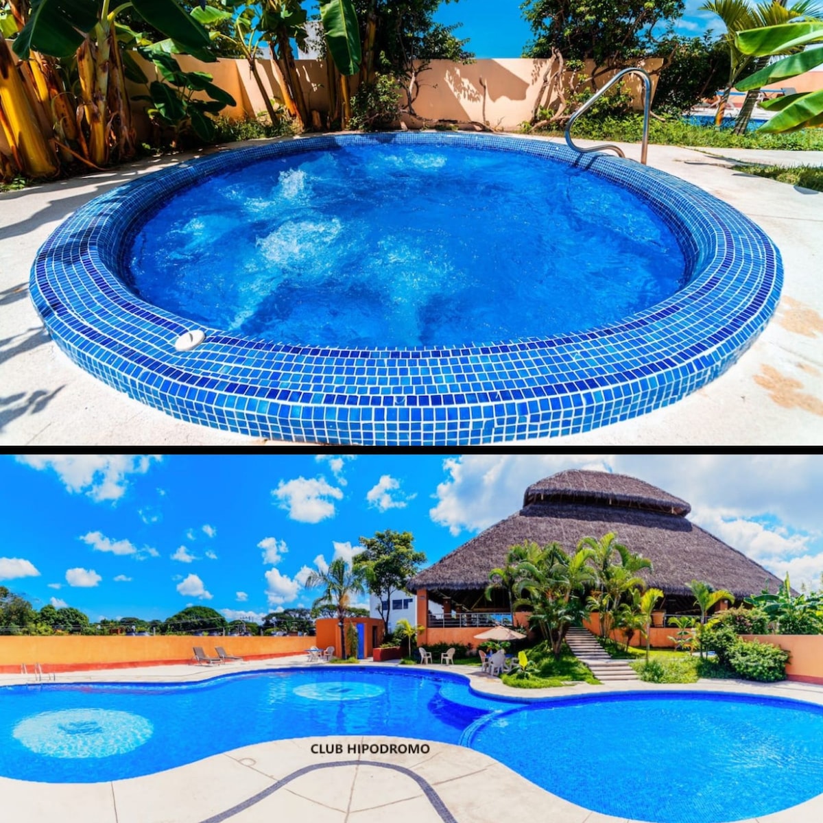 A circular hot tub with vibrant blue tiles bubbles gently, surrounded by a spacious terrace. In the background, a shared swimming pool offers a refreshing space for relaxation. Lush greenery and palm trees provide a natural border, enhancing the serene environment.