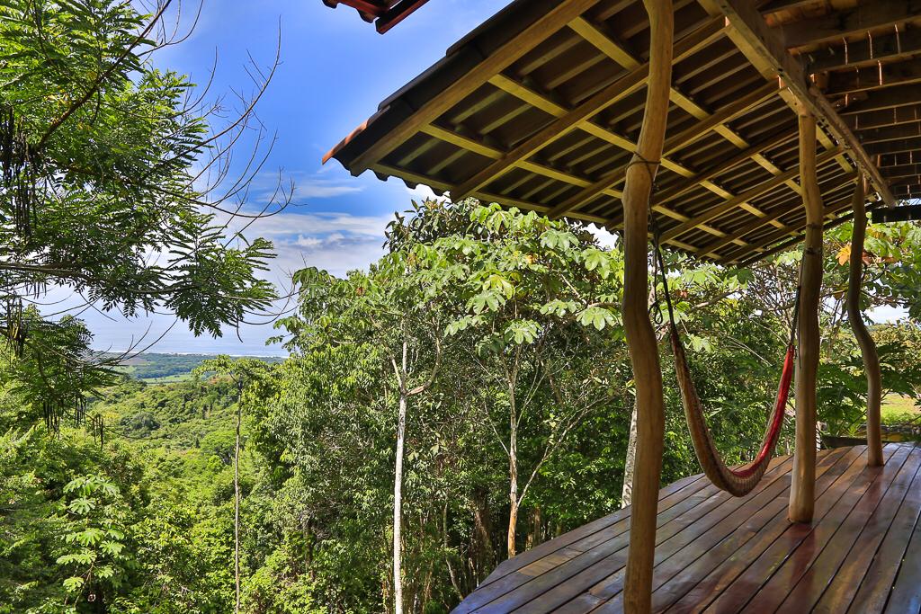 A covered outdoor area features a wooden floor and a hammock hung from a sturdy post. Lush greenery surrounds the space, with trees and foliage creating a natural canopy. Blue skies are visible beyond the treetops, enhancing the sense of tranquility.