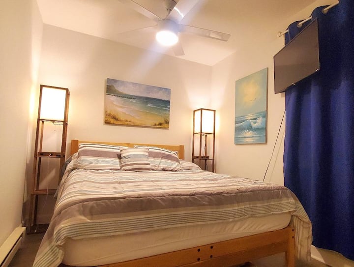 Основна спалня на основния етаж с двойно легло, телевизор, климатик за прозорци и 2 лампи със зарядни станции.